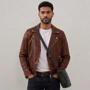 Man wearing a brown leather jacket