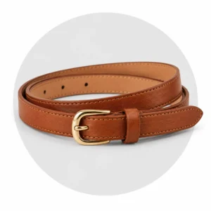 Women's tan leather belt with a gold buckle
