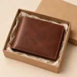 Brown leather wallet in a kraft gift box